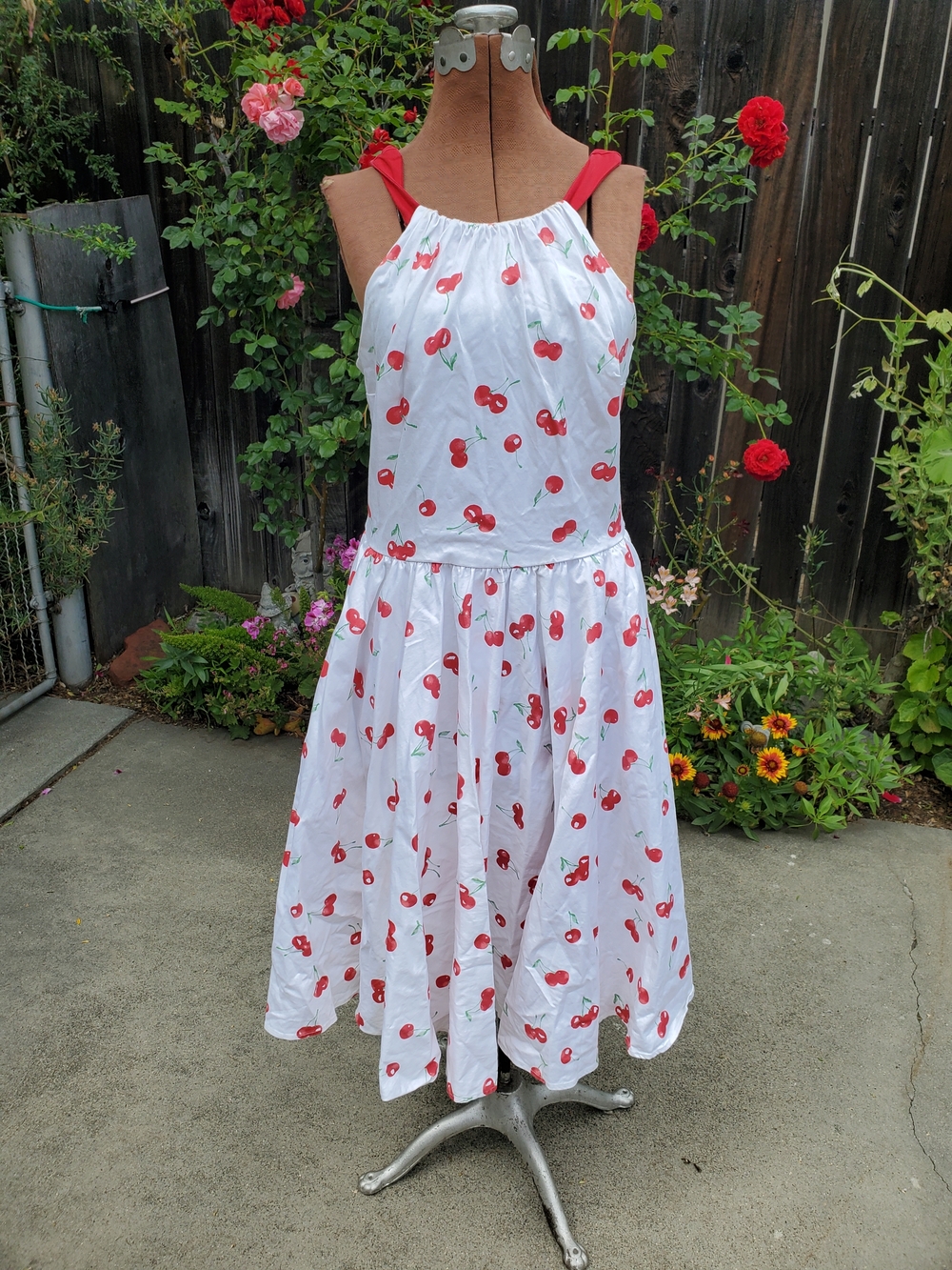 Pinup Couture White Sundress with Red Cherry Print and Red Straps